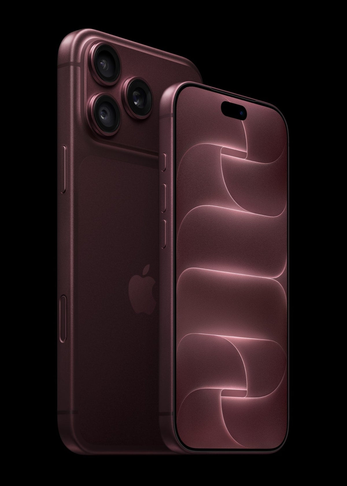 Burgundy iPhone 18 Pro and iPhone 18 Pro Max, shown from the front and rear. Image: Apple.