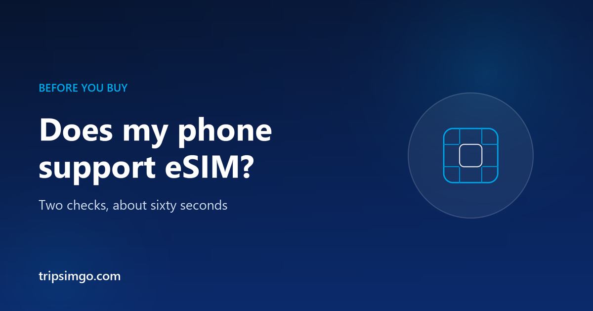 Trips eSIM guide banner reading Does my phone support eSIM, with an eSIM chip icon