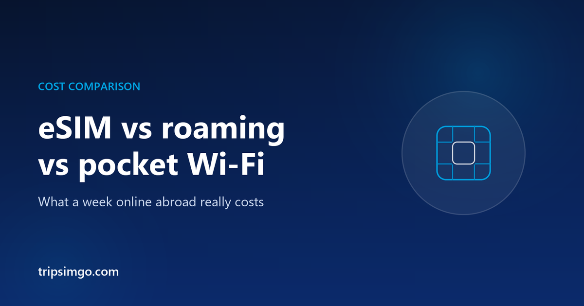 Trips eSIM guide banner reading eSIM vs roaming vs pocket Wi-Fi, with an eSIM chip icon