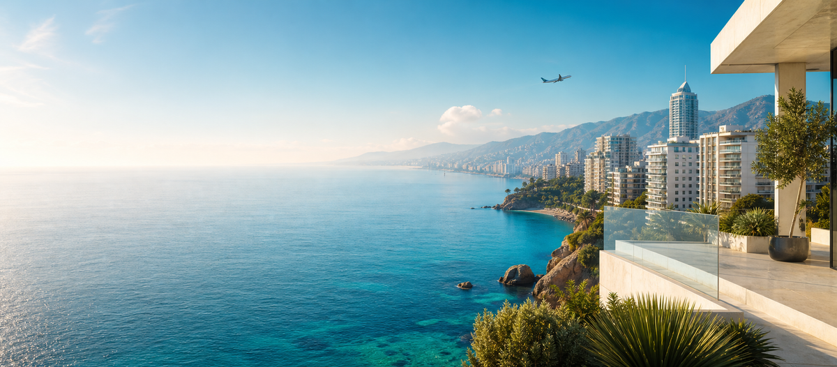 Coastal skyline and blue sea with an airplane overhead, used as a travel guide illustration.
